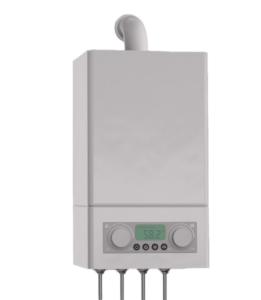 tankless hot water heater with water temperature setting displayed on the front