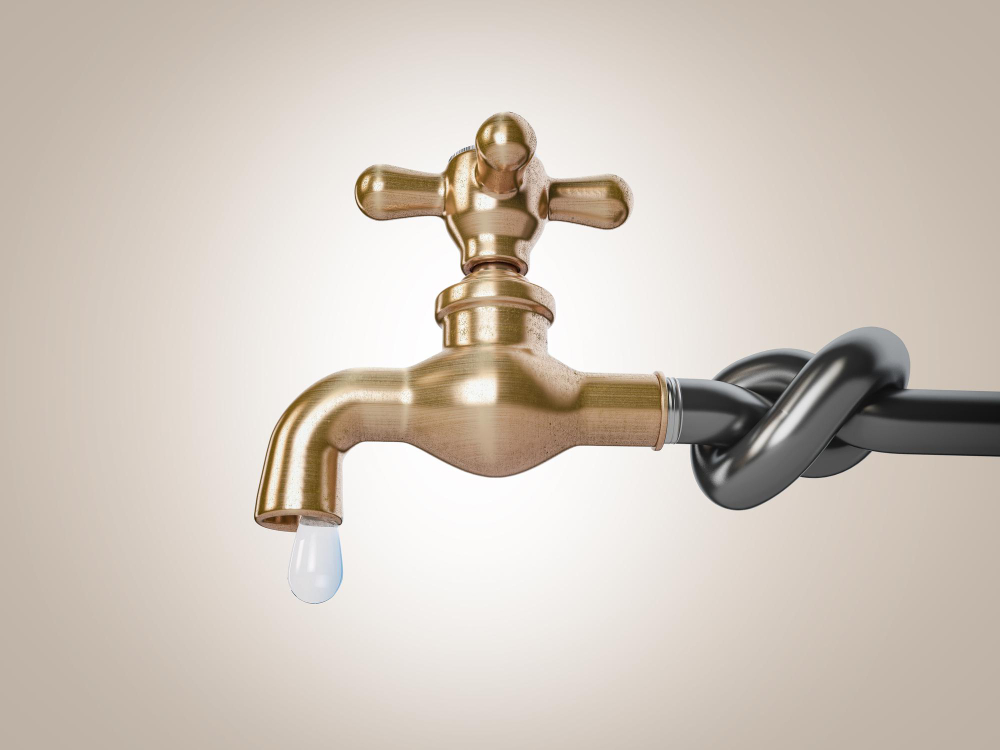 Faucet with a knot in the water line symbolizing a water line clog